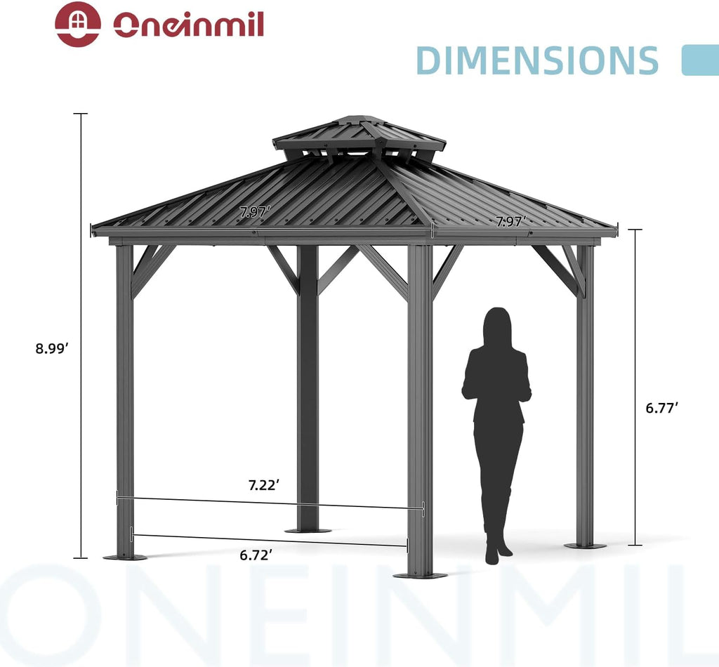 Double Roof Metal Pavilion, 8x8FT, Black and Grey, Sturdy and Spacious Outdoor Shelter, New Model for Garden, Patio, or Backyard