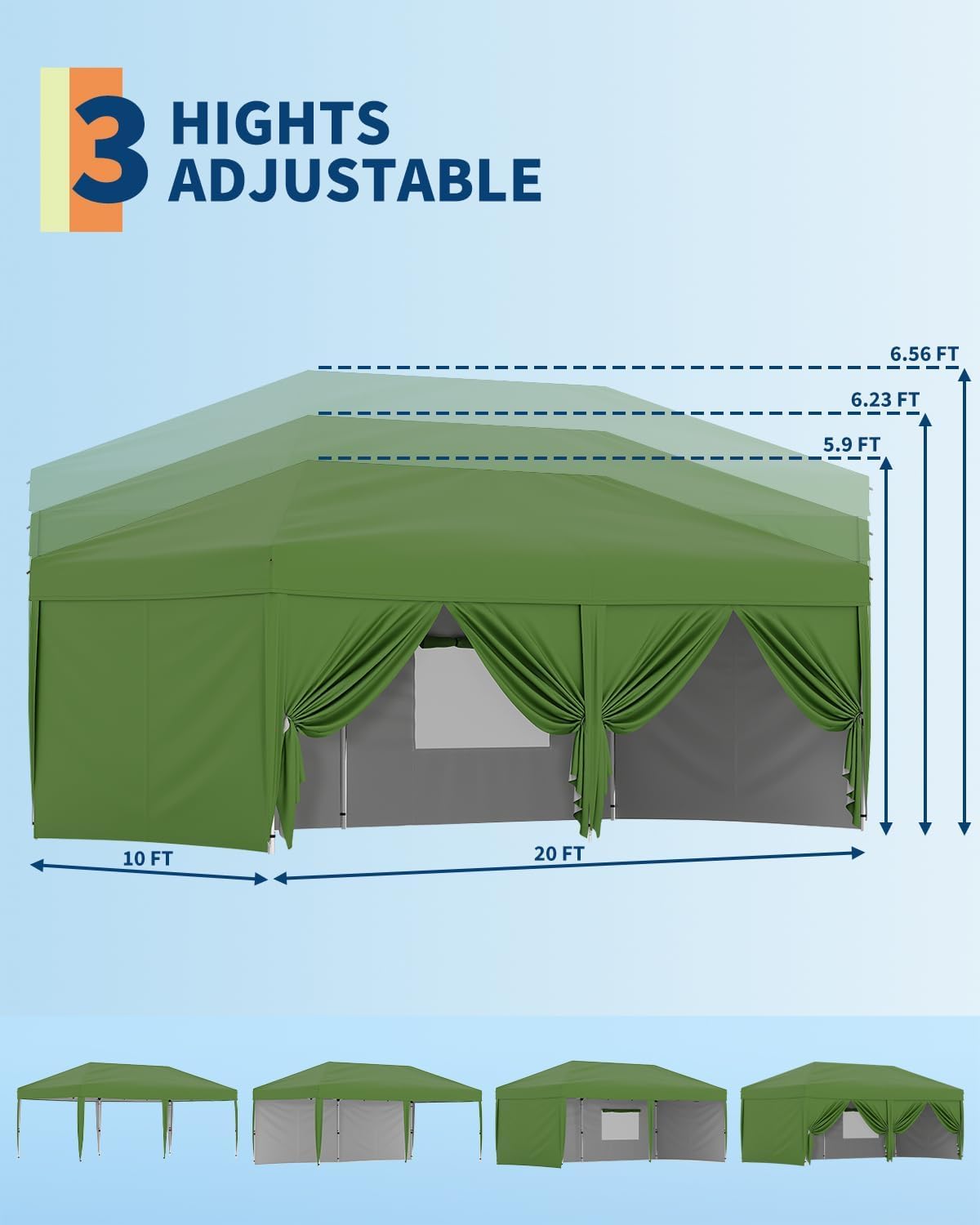 10X20 Ft Instant Pop-Up Canopy Tent-1-Push Setup Heavy Duty Portable Gazebo w/ 4 Weight Bags, Roller Bag & Full Accessory Kit | Waterproof Wind Resistant for Outdoor Events, Markets, Camping,Green