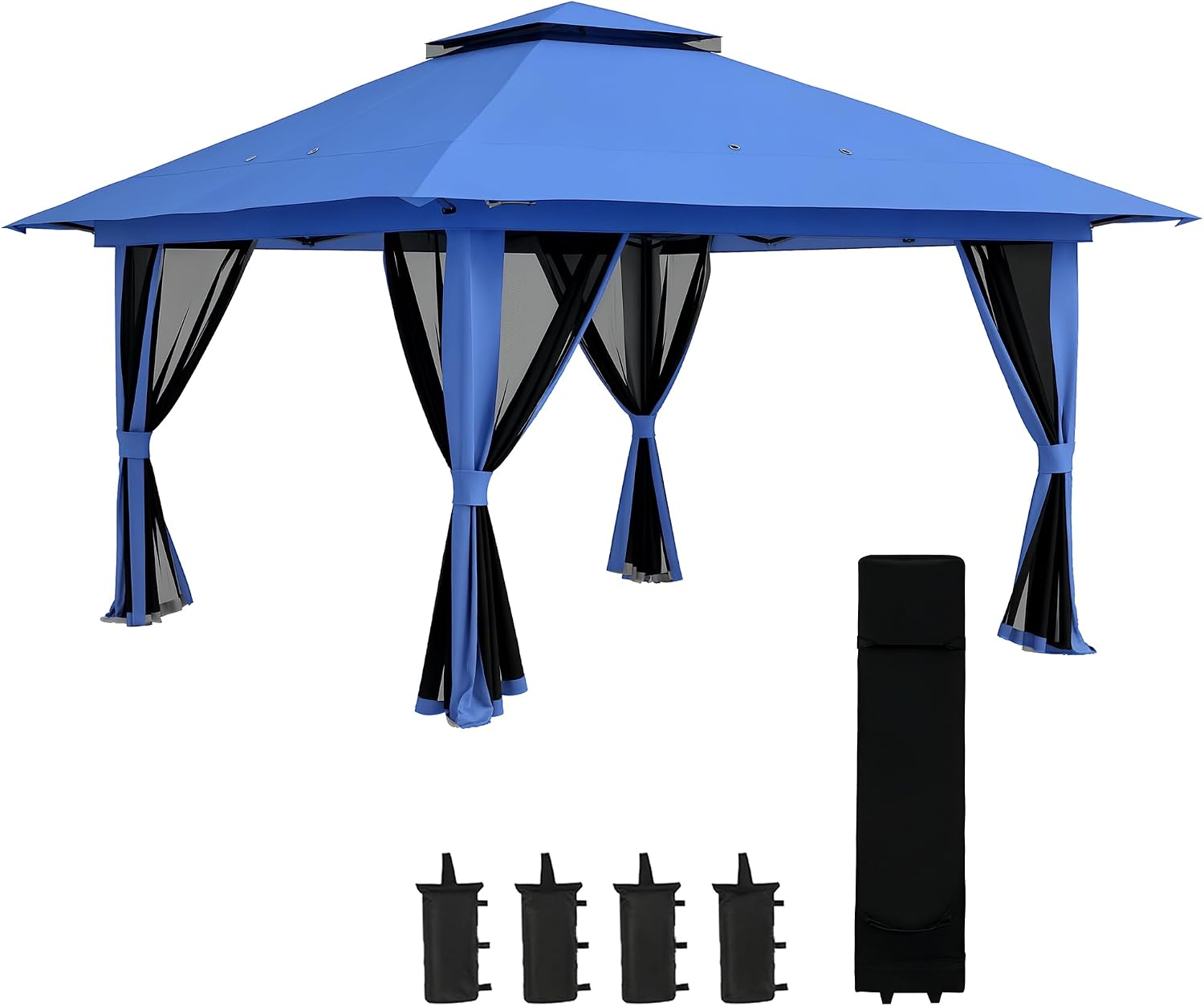 Outsunny 13' x 13' Pop Up Gazebo with Netting, UPF 50+ Instant Canopy Tent Shelter with Water/Sand Bags, Wheeled Carry Bag, for Outdoor, Garden, Parties, Blue