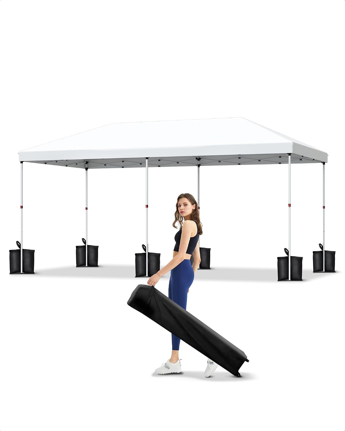 10x20 Pop Up Canopy Tent，Gazebos One-Button Instant Setup, Heavy-Duty 210D Oxford Fabric & Rust-Proof Frame - 3 Adjustable Heights, Roller Bag, 4 Sandbags - UV Protection for Beach, Party