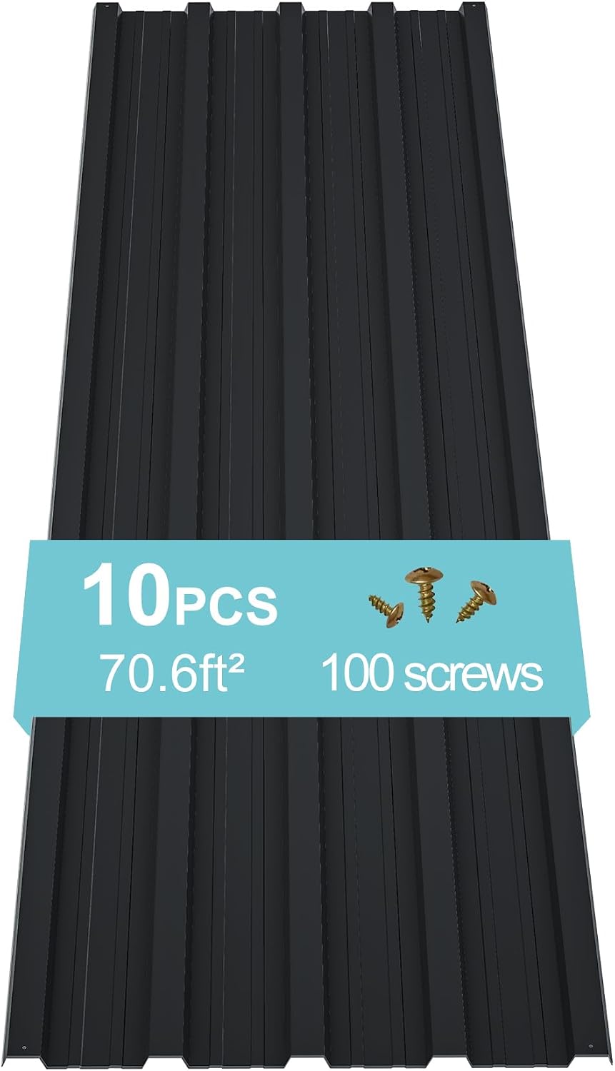 10 pcs Metal Roofing Panels 5ft Length Galvanized Steel Corrugated Roof Panels Gazebo Top Cover Garages,Sheds, Stables and Mobile Homes Replacement for Patio Outdoor Garden, Black