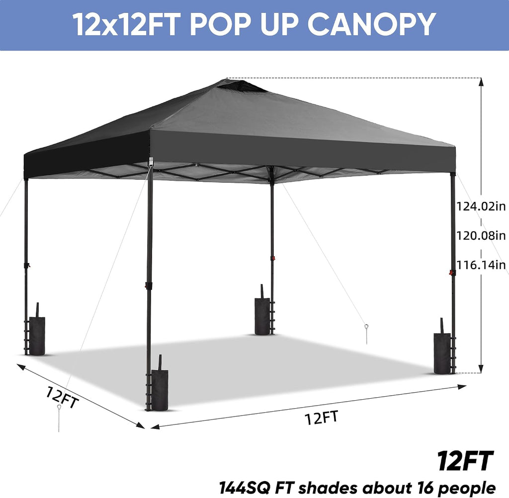 GDY 12x12 Pop Up Canopy Patio Carpas, One Push Set up with Central Lock Canopy with Wheeled Carry Bag, Included 4 Sandbaogs,8 Stakes and 4 Ropes, Black