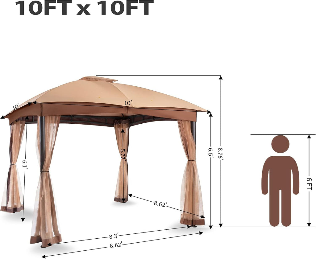 FAB BASED 10x10 Gazebo for Patio, Double Vent Canopy Gazebo with Netting, Screen Patio Gazebo Heavy Duty (Khaki)