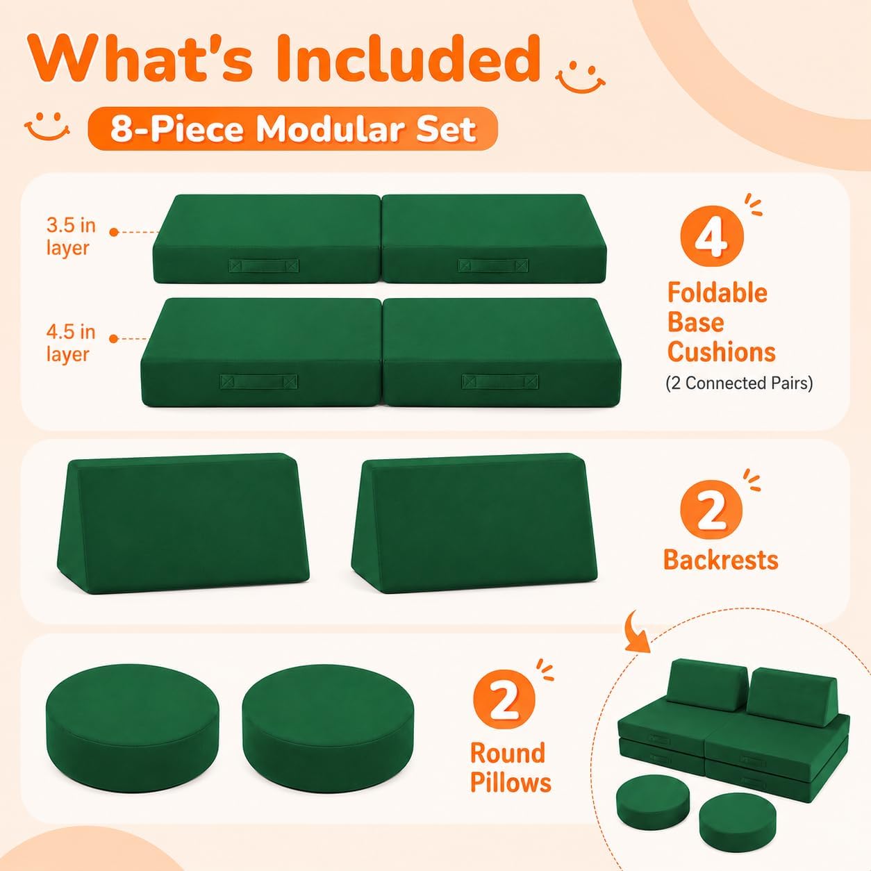 MeMoreCool Kids Play Couch, 8-Piece Modular Foam Sofa Fort Builder Set in Forest Green, Convertible Kids Couch with Washable Plush Cover for Playroom and Bedroom