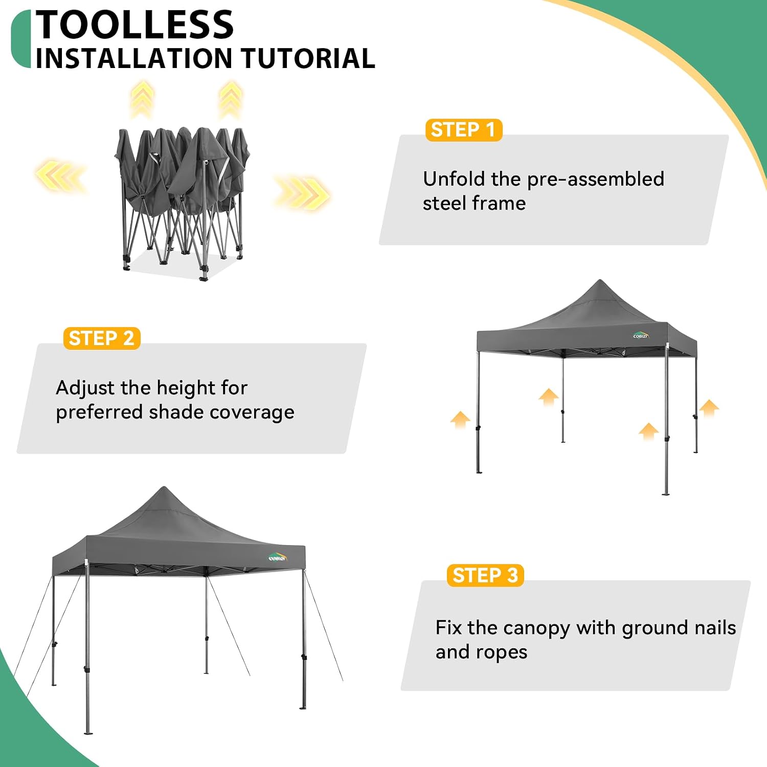 COBIZI 10x10 Heavy Duty Pop Up Canopy Tent with 4 Sidewalls Thicken Frame, Commercial Easy Up Outdoor Wedding Party Tents, All Season Waterproof Windproof with Stakes Sandbags Ropes Roller Bag, Gray