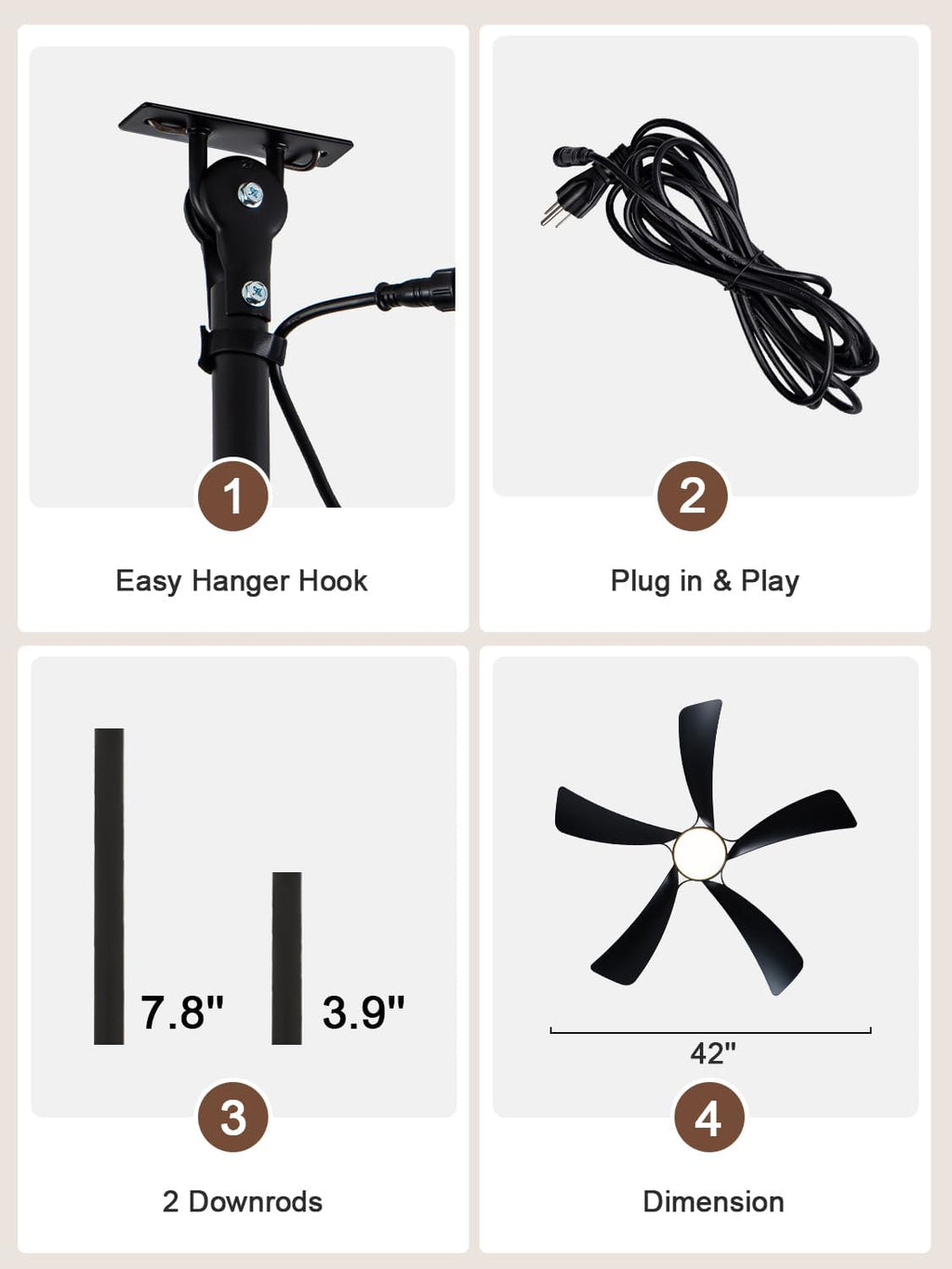 Bella Depot 42' Outdoor Ceiling Fan Black Waterproof Gazebo Fan with Light Smart App Remote Control Hanging Fan for Outside Patios Pergola Tent Plug-in Design (42'- Black)