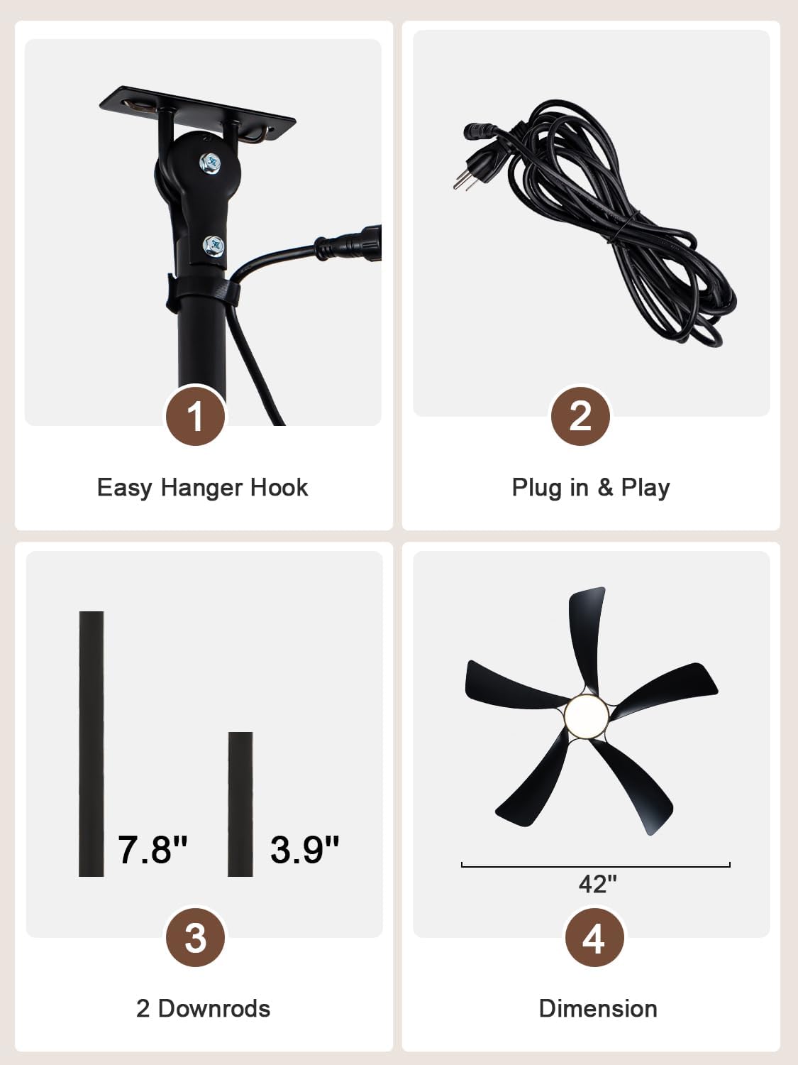 Bella Depot 42' Outdoor Ceiling Fan Black Waterproof Gazebo Fan with Light Smart App Remote Control Hanging Fan for Outside Patios Pergola Tent Plug-in Design (42'- Black)