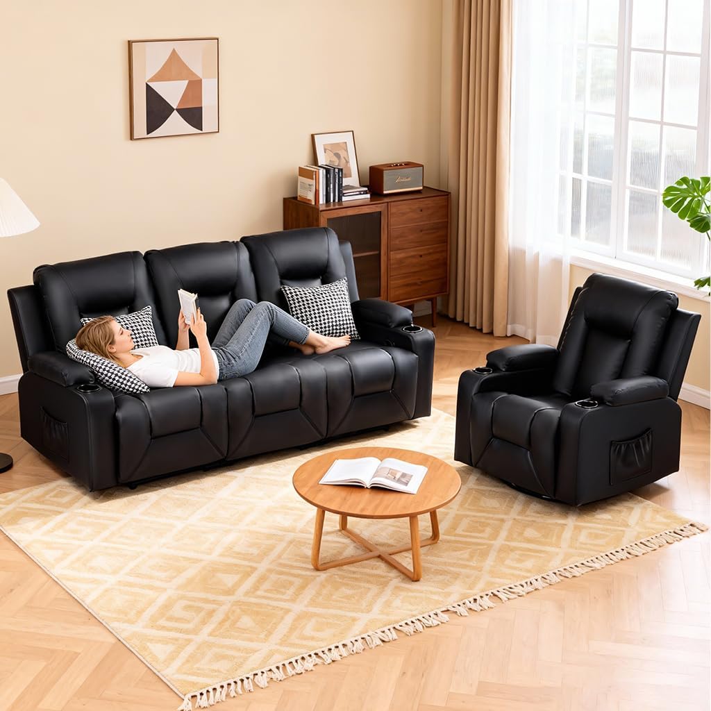 COMHOMA Living Room Furniture Set,Faux Leather Manual Recliner Sofa Sets with Cup Holders,Reclining Couch,Loveseat and Armchair,3+1,Black