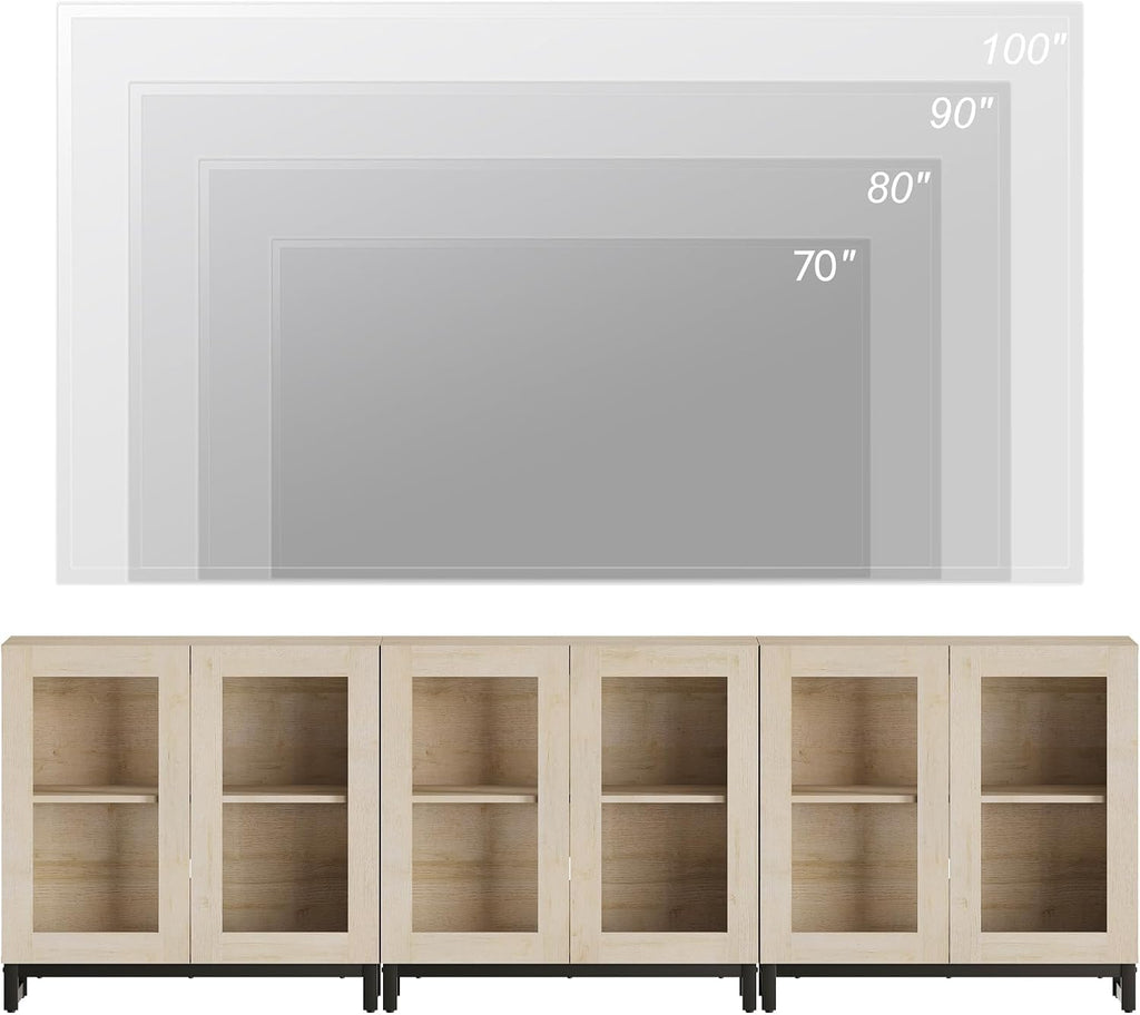 WAMPAT Modern TV Stand with Glass Doors for 70-100 inch TVs, 3 in 1 Entertainment Center Console with Adjustable Shelves and Metal Base for Living Room, Bedroom, Beige