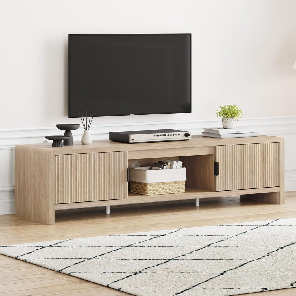 FATORRI TV Stand for TVs up to 75/65/55 Inch, Wood Entertainment Center with Storage, Farmhouse Waveform Fluted-Door Television Media Console for Living Room, Bedroom (63 Inch W, Light Walnut)