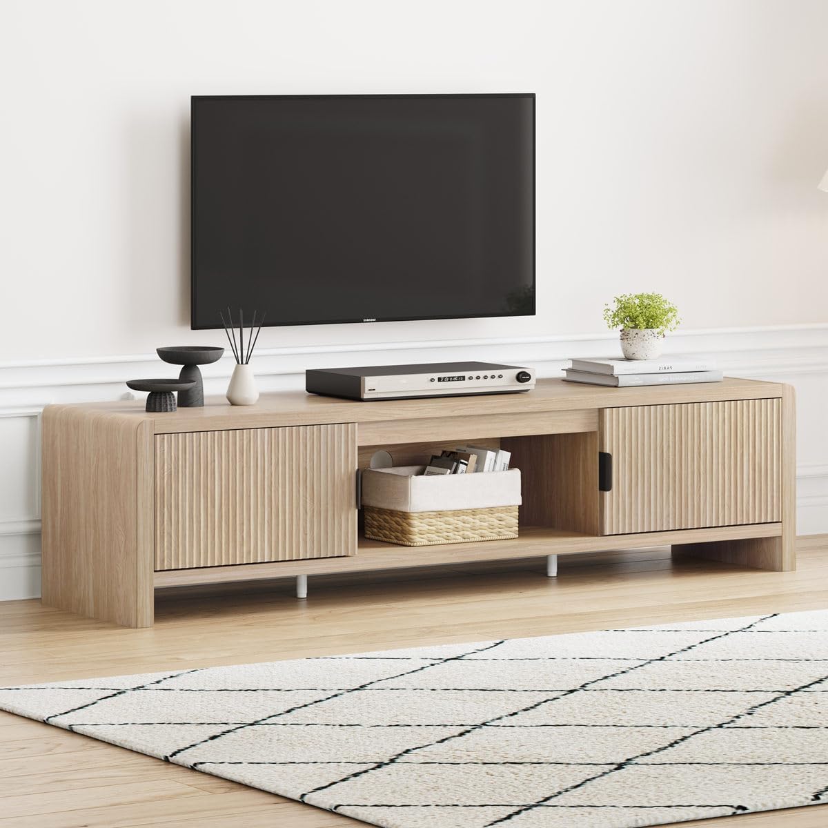 FATORRI TV Stand for TVs up to 75/65/55 Inch, Wood Entertainment Center with Storage, Farmhouse Waveform Fluted-Door Television Media Console for Living Room, Bedroom (63 Inch W, Light Walnut)