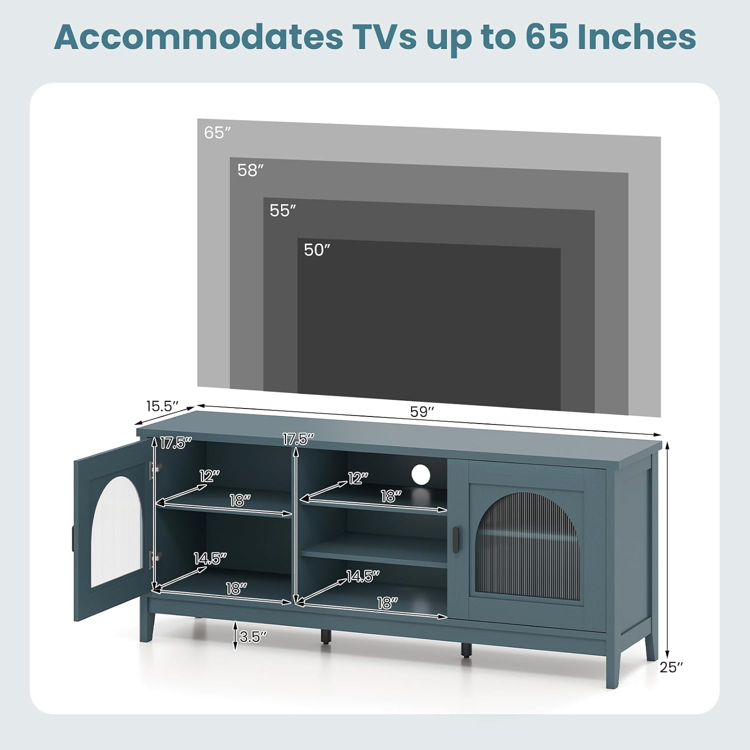 Giantex Farmhouse TV Stand for TVs up to 65', Modern Vintage Entertainment Center w/Storage, Adjustable Shelves, Cable Holes&Glass Doors, Media TV Console Table for Bedroom, Living Room (Teal Blue)
