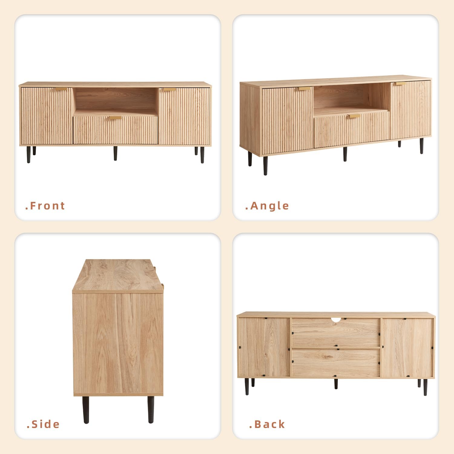 Okvnbjk Modern TV Stand for 65 Inch TV, TV Consoles for Living Room, Media Console with Soft Hinge & Drawer, Wood Fluted Entertainment Center with Storage, Oak