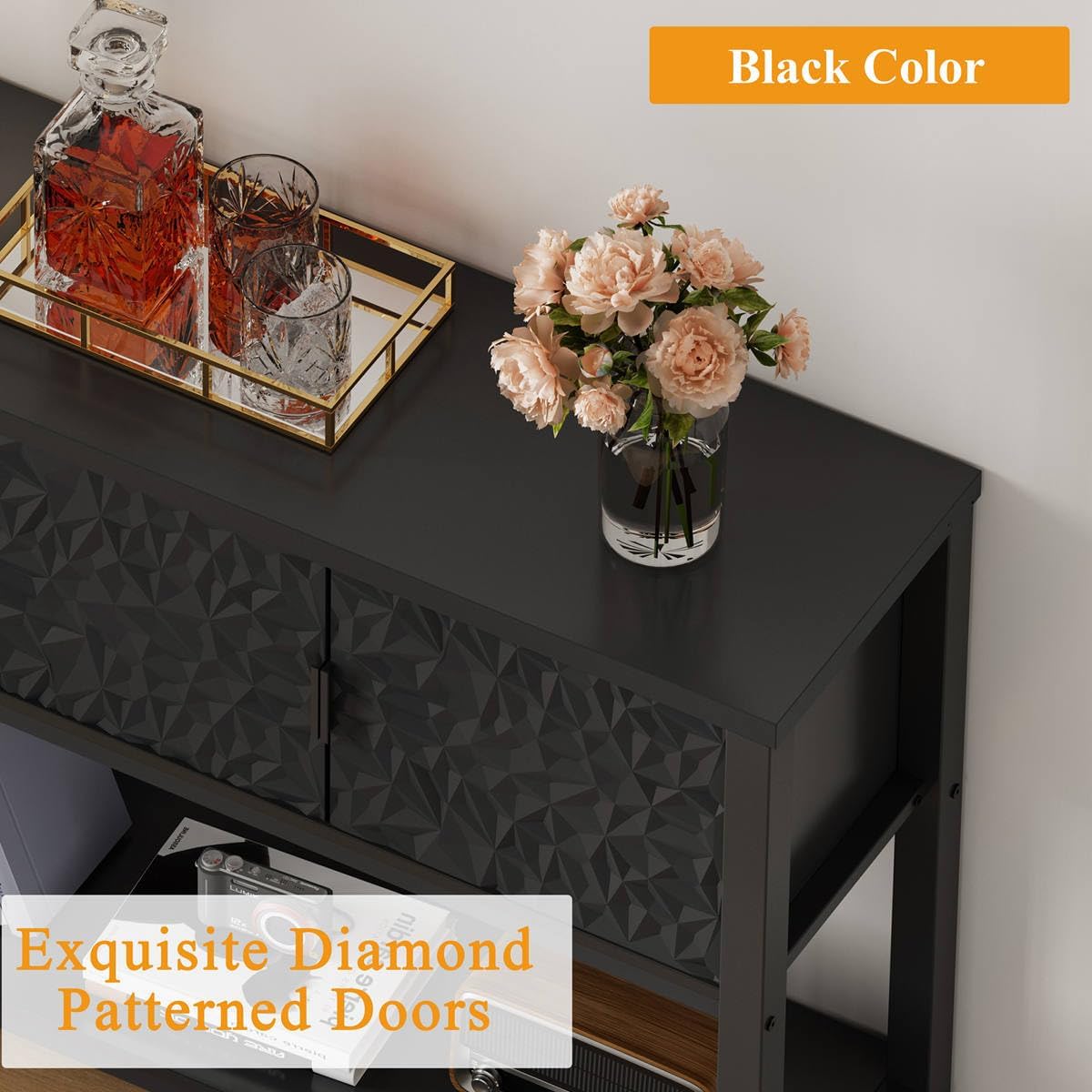 FATORRI Black Console Table with Storage, 47' Modern Farmhouse Entryway Table with 3 Geometric Doors, Sofa Table for Hallway, Living Room, Foyer