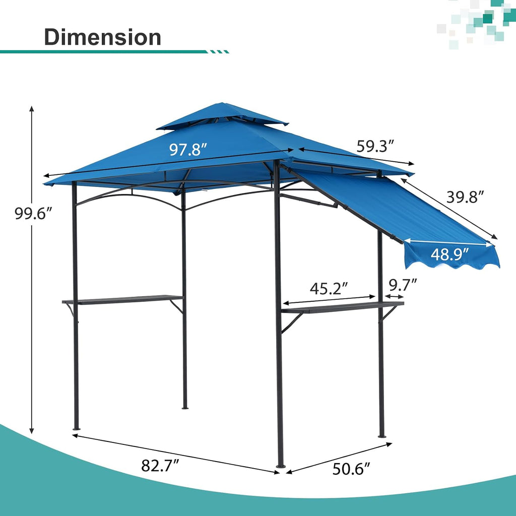 COBANA Grill Gazebo 8'x 5' Outdoor Patio Backyard BBQ Grill Shelter with Side Awning, Double Tiered Soft Canopy Top with Steel Frame and Bar Counters, Blue