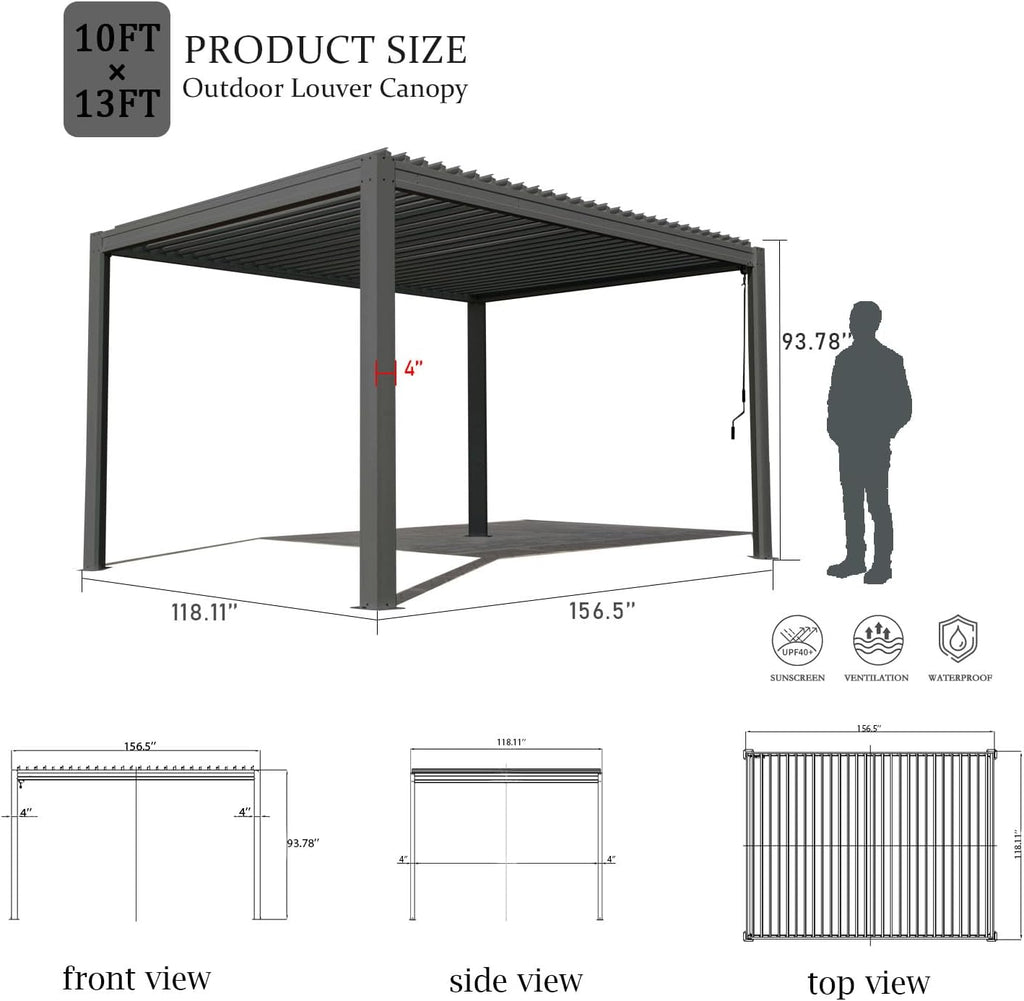 Domi Louvered Pergola 10×13 FT, Outdoor Aluminum Pergola with Adjustable Rainproof Roof and Drainage System, Metal Pergola Gazebo for Patio, Deck, Backyard, Grey