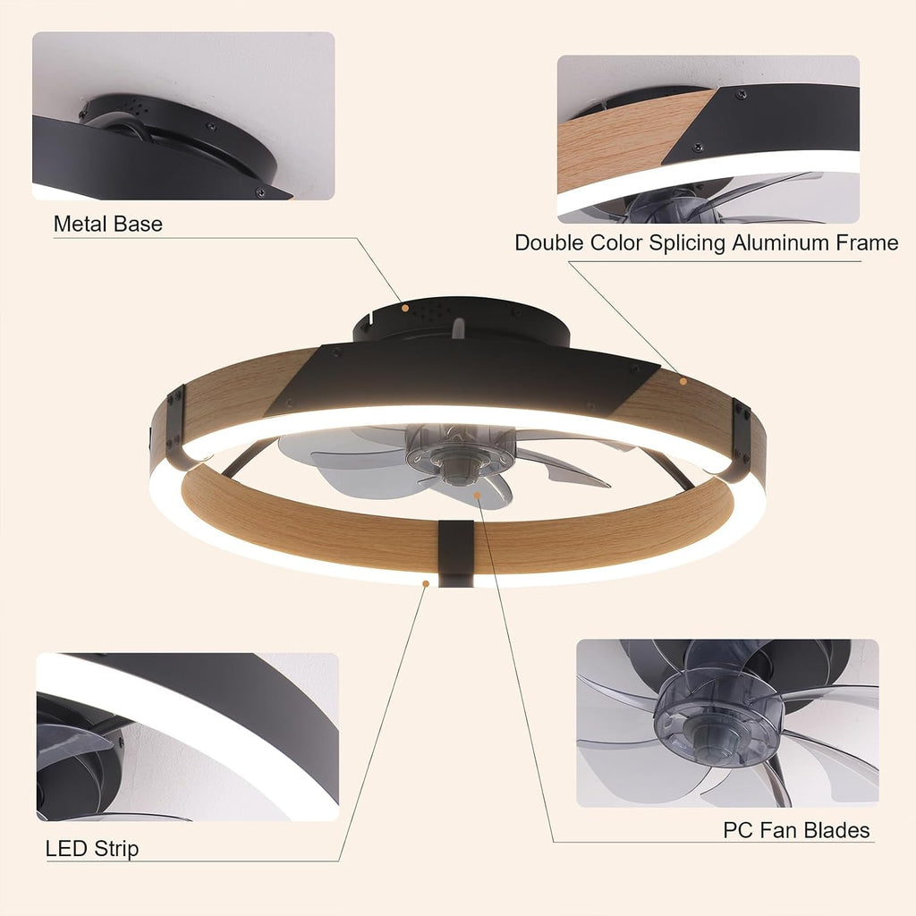 Garwarm 20IN Low Profile Ceiling Fans with Lights and Remote, 30W Fandelier Ceiling Fan Flush Mount,3000K-6500K Dimmable Bladeless LED Fan Light for Bedroom Kitchen Living Room Dining Room