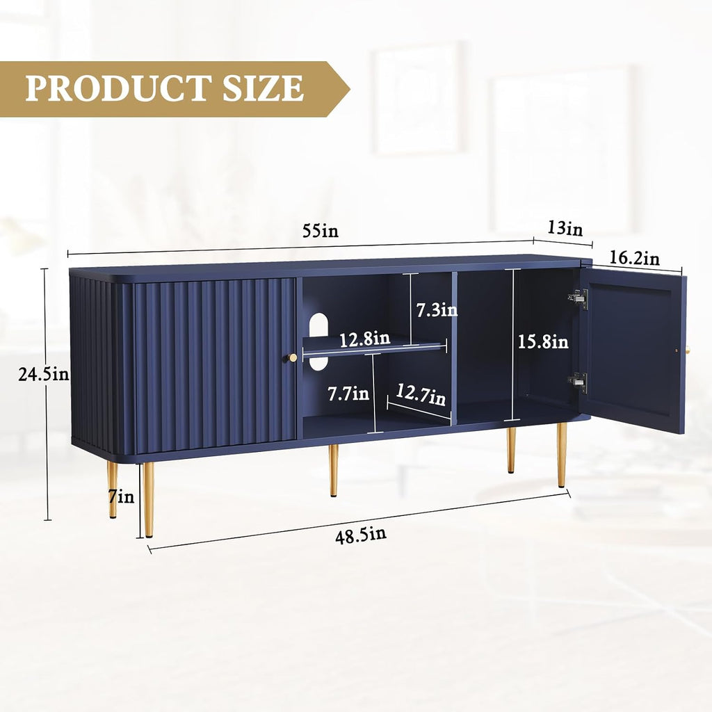ARTPOWER 55' Fluted TV Stand, Mid Century Modern Blue TV Stand for 55/60/65 inch TV, Entertainment Center with Storage, Television Stands, TV Console, Media Console for Living Room, Bedroom (Blue)