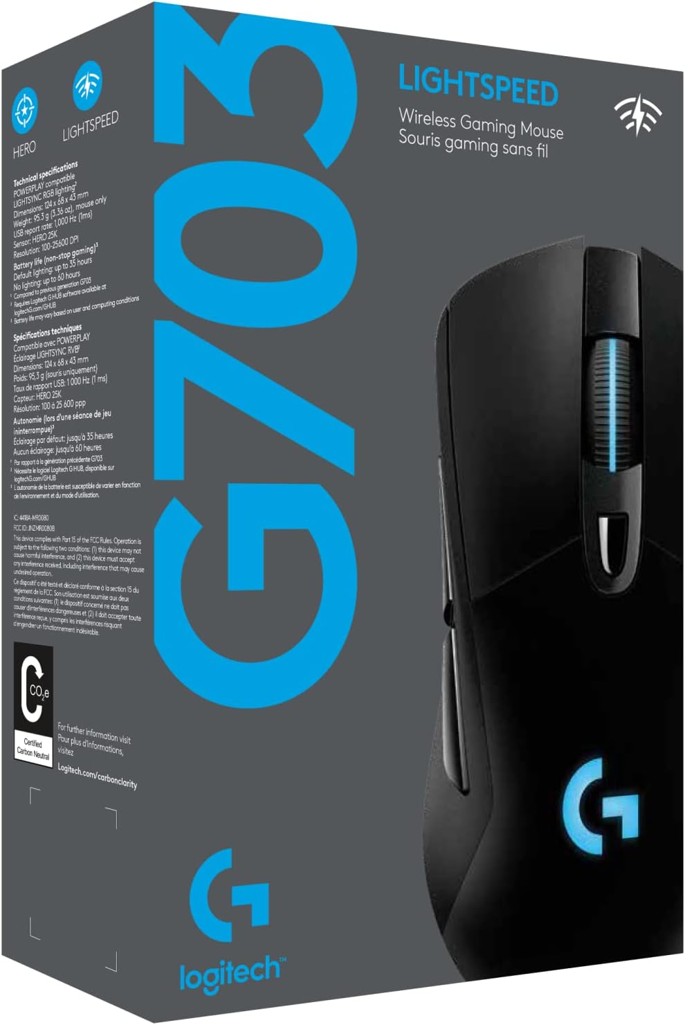 Logitech G703 Lightspeed Wireless Gaming Mouse | Hero Sensor, 25k DPI, 6 Programmable Buttons, RGB Lighting, Rubber Grip, Adjustable Weight, PC/Mac | with Signature Series Charging Dock