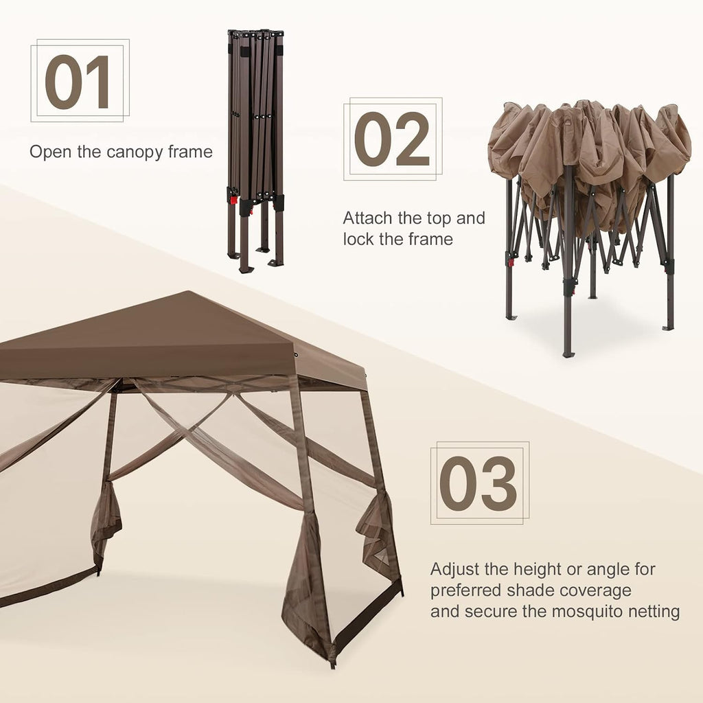 COOS BAY 10x10 Pop Up Canopy Tent with Screen Netting, Slant Leg Canopy with UPF 50+ UV Protection, 64 Sq Ft Shade, One Person Setup with Carry Bag, Brown