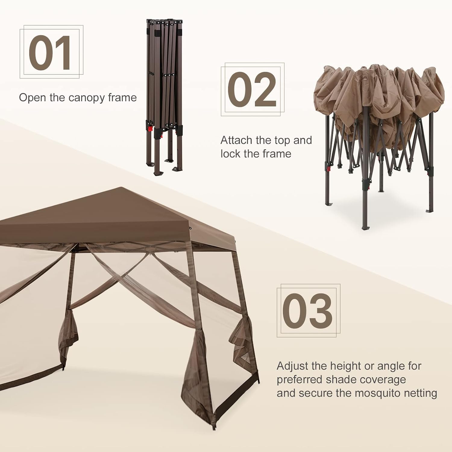 COOS BAY 10x10 Pop Up Canopy Tent with Screen Netting, Slant Leg Canopy with UPF 50+ UV Protection, 64 Sq Ft Shade, One Person Setup with Carry Bag, Brown