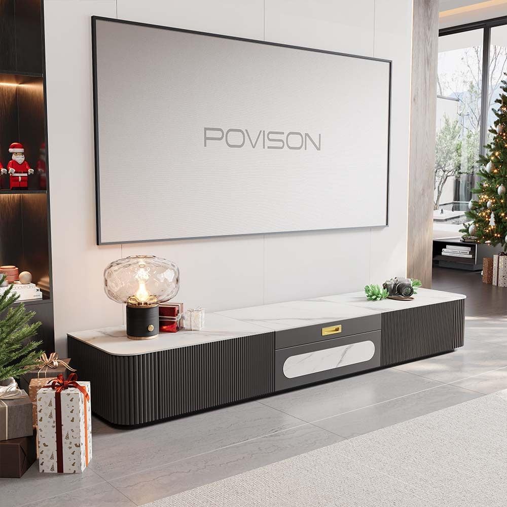 POVISON Fully-Assembled Modern TV Stand for Projector, Sintered Stone Entertainment Center with Storage for 75 inch TV, Wood TV Console, Media Console for Living Room Bedroom
