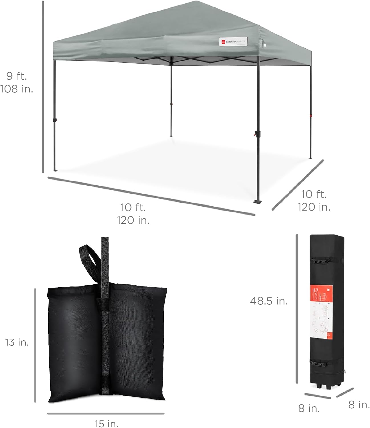 Best Choice Products 10x10ft Pop Up Canopy Tent, Outdoor Shade, 1 Person 1 Minute Set Up, Carry Case, 4 Weight Bags - Silver