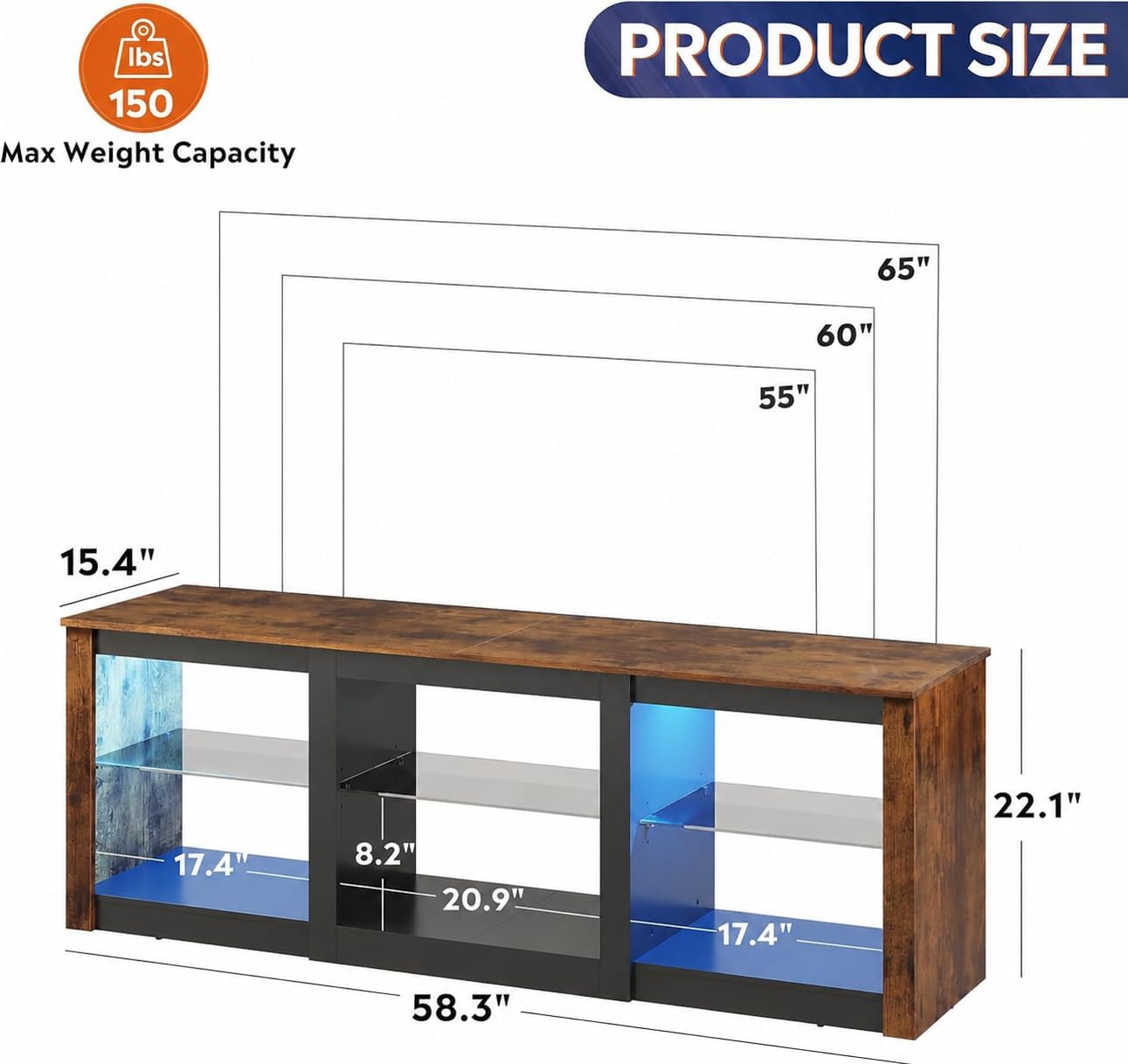 WLIVE Modern LED TV Stand for 65 70 Inch TV, 58' Entertainment Center with Adjustable Glass Shelves & RGB Lights, Wood Media Console Table for Living Room, Bedroom, Gaming Room, Rustic Brown