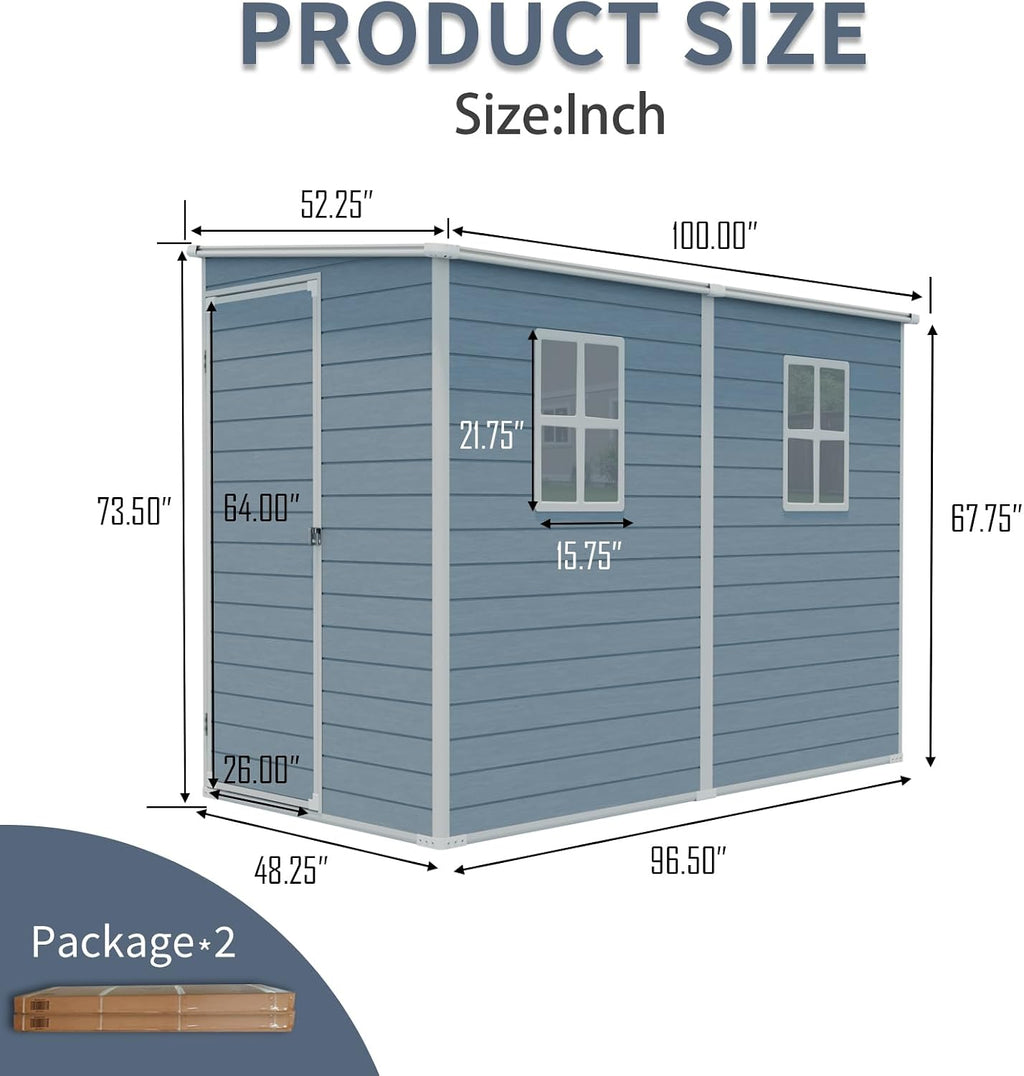 Storage Shed, 4x8ft Outdoor Storage Shed with Floor Included with 2 Windows and Lockable Door, Resin Sheds for House Garden Tools, Bike, Motorcycle, Lawn Mover, Lean to Shed, Grey