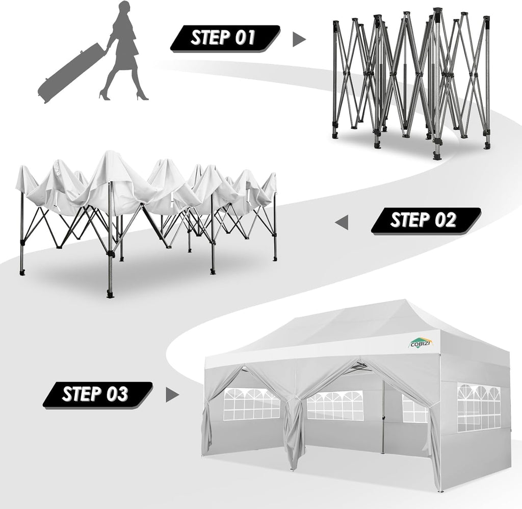 COBIZI 10x20 Canopy with Sidewalls, Heavy Duty Party Tent Pop up Canopy, Tents for Parties, Wedding, Outdoor Easy up Foldable Portable Canopy Tent with Wheeled Bag, White(Windproof Upgrade)