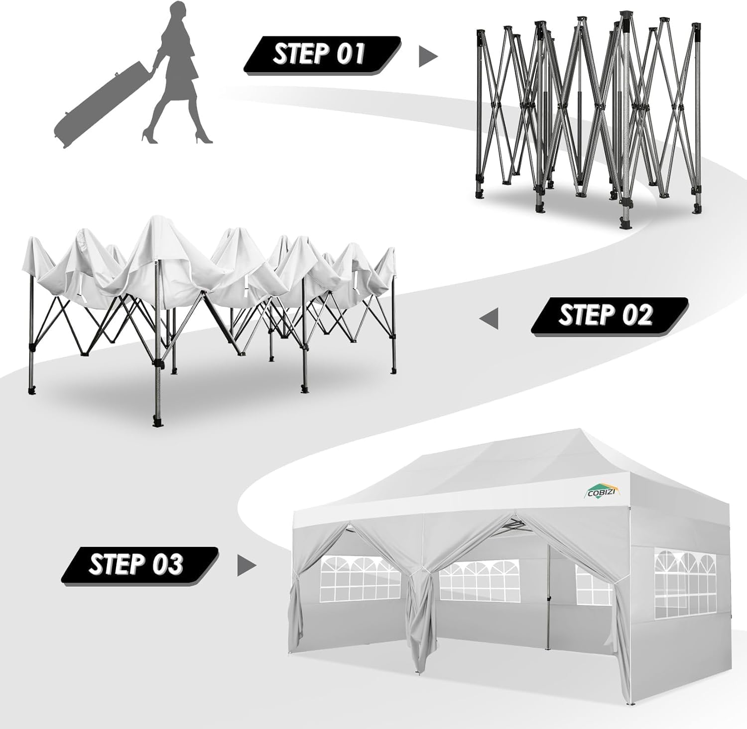 COBIZI 10x20 Canopy with Sidewalls, Heavy Duty Party Tent Pop up Canopy, Tents for Parties, Wedding, Outdoor Easy up Foldable Portable Canopy Tent with Wheeled Bag, White(Windproof Upgrade)