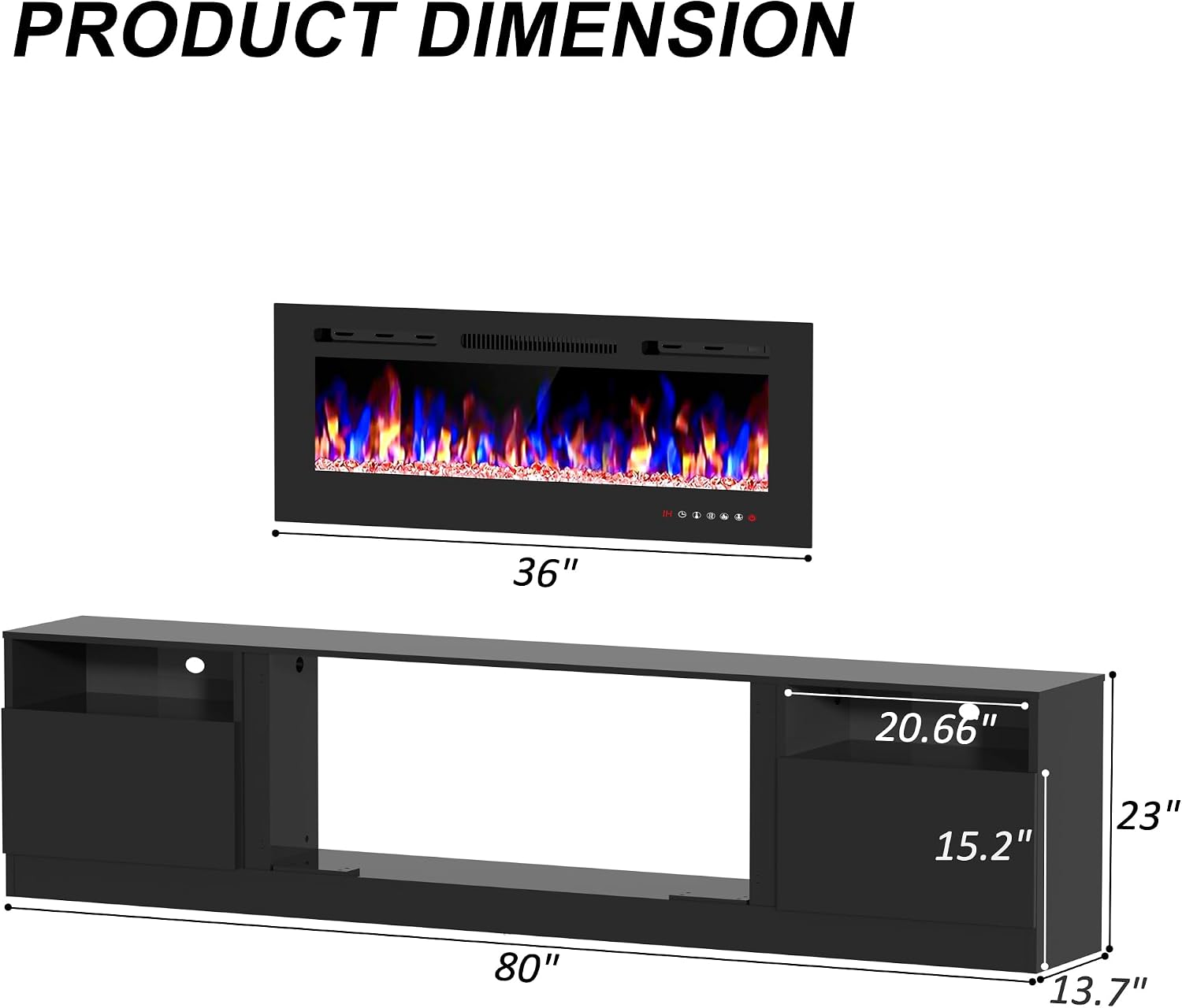 80' Fireplace TV Stand, TV Stand with 36' Fireplace, LED Light Entertainment Center with Storage Cabinets, Media TV Console TV Table for Living Room, Black