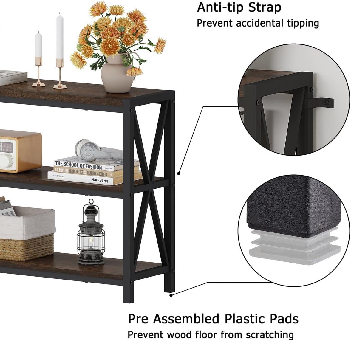 FATORRI Console Table for Entryway, Modern Entry Hallway Table with 3 Tier Shelves, Couch Tables Behind Sofa for Living Room, 55 Inch, Dark Walnut