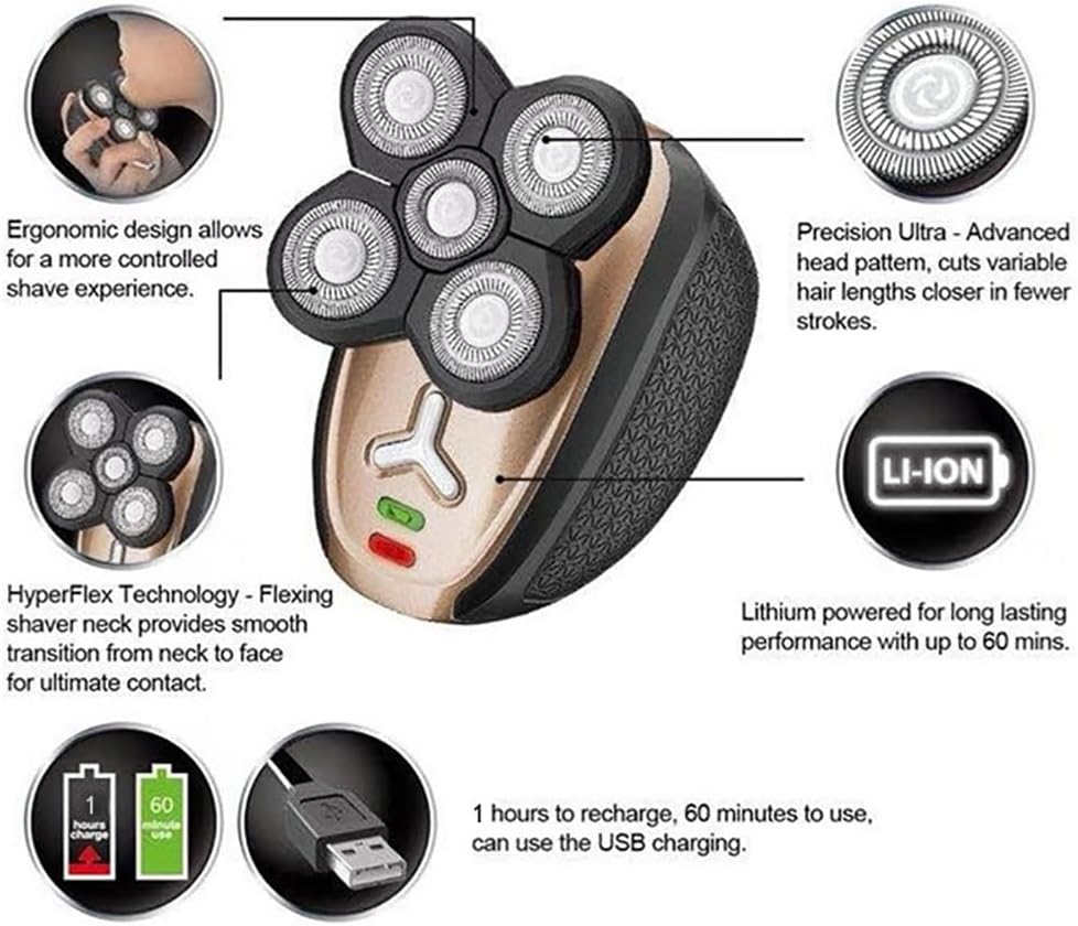 Head Shaver for Men, 5 in 1 Grooming Men's Wet Dry Electric Shaver for Men Beard Trimmer Facial Electric Razor Rechargeable Bald Head Shaving Machine