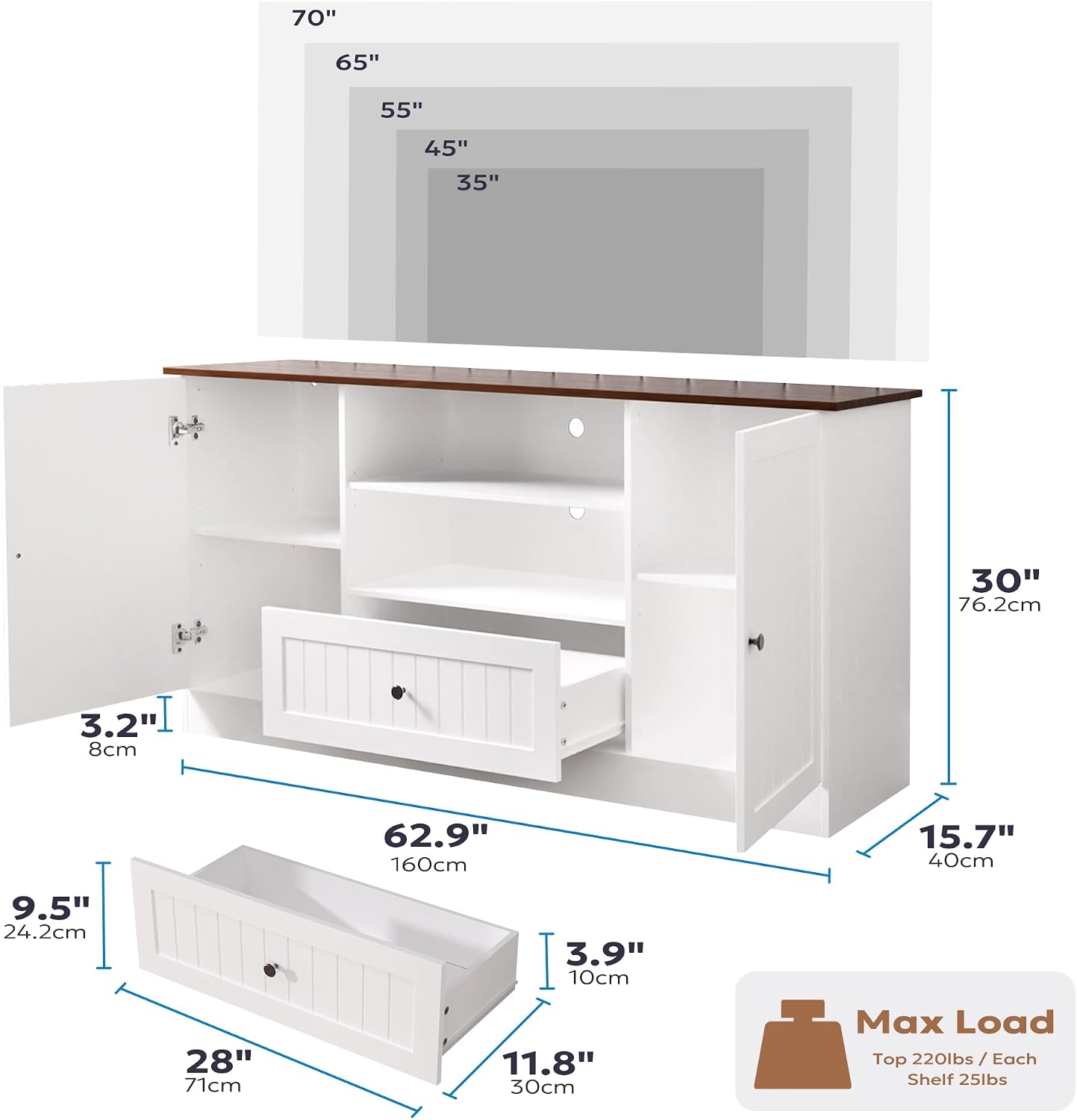 Furnify 63 in Farmhouse TV Stand for TVs up to 70 Inch, Modern Entertainment Center with Storage Drawer and Open Shelves, Shaker Door TV Console Media Cabinet for Living Room, Bedroom, White