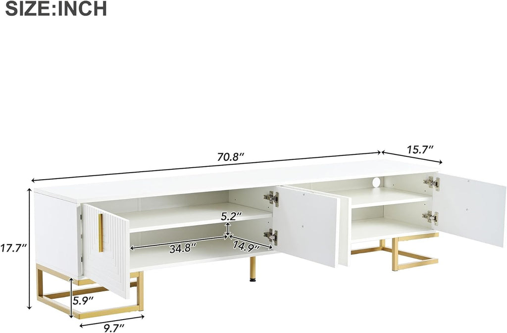 ON-TREND Modern TV Stand with Metal Legs and Gold Handles for TVs Up to 80'', Media Console Table with Cabinets and Adjustable Shelves, Luxury TV Cabinet with Geometric Lines for Living Room, White