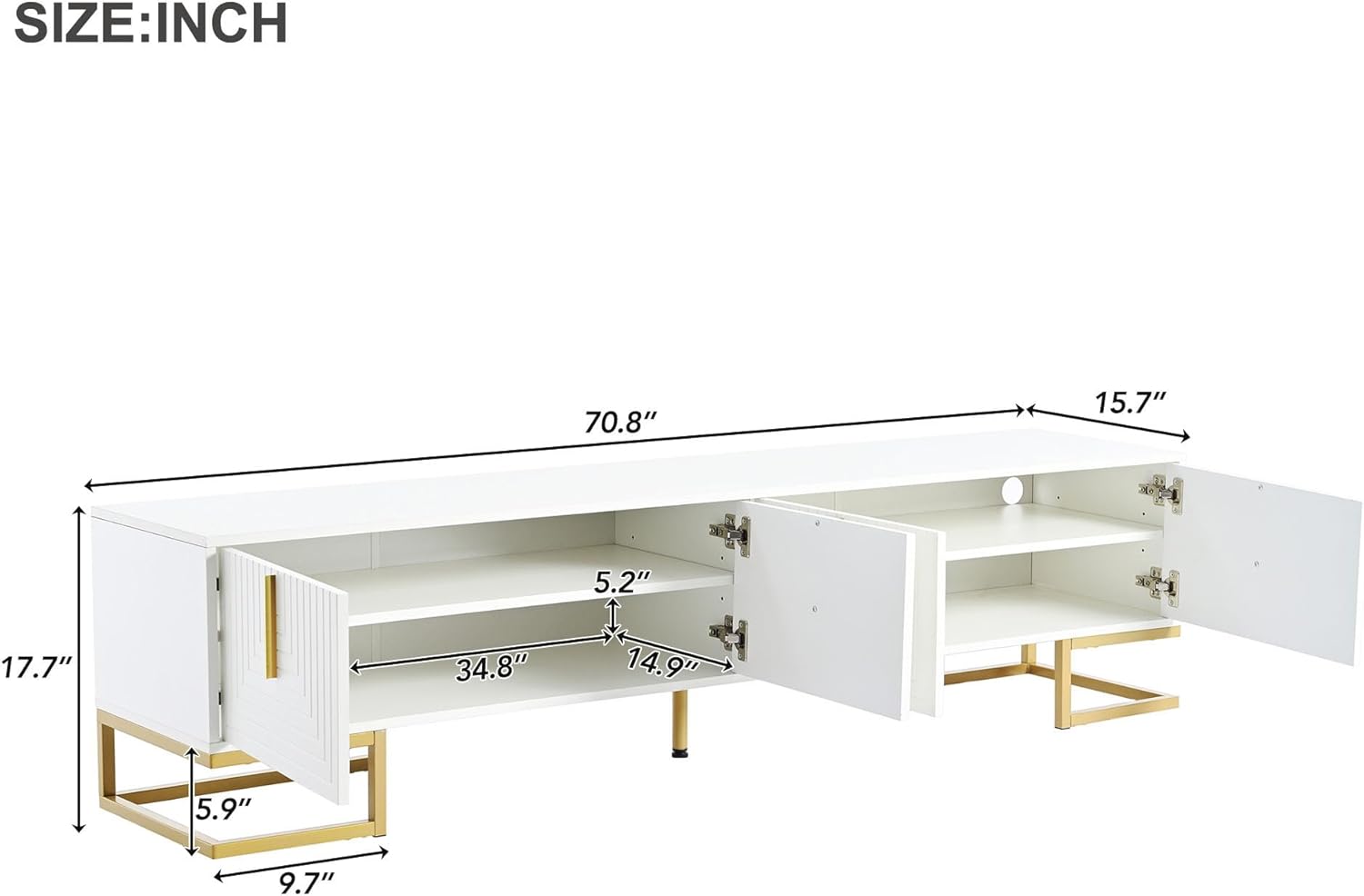 ON-TREND Modern TV Stand with Metal Legs and Gold Handles for TVs Up to 80'', Media Console Table with Cabinets and Adjustable Shelves, Luxury TV Cabinet with Geometric Lines for Living Room, White