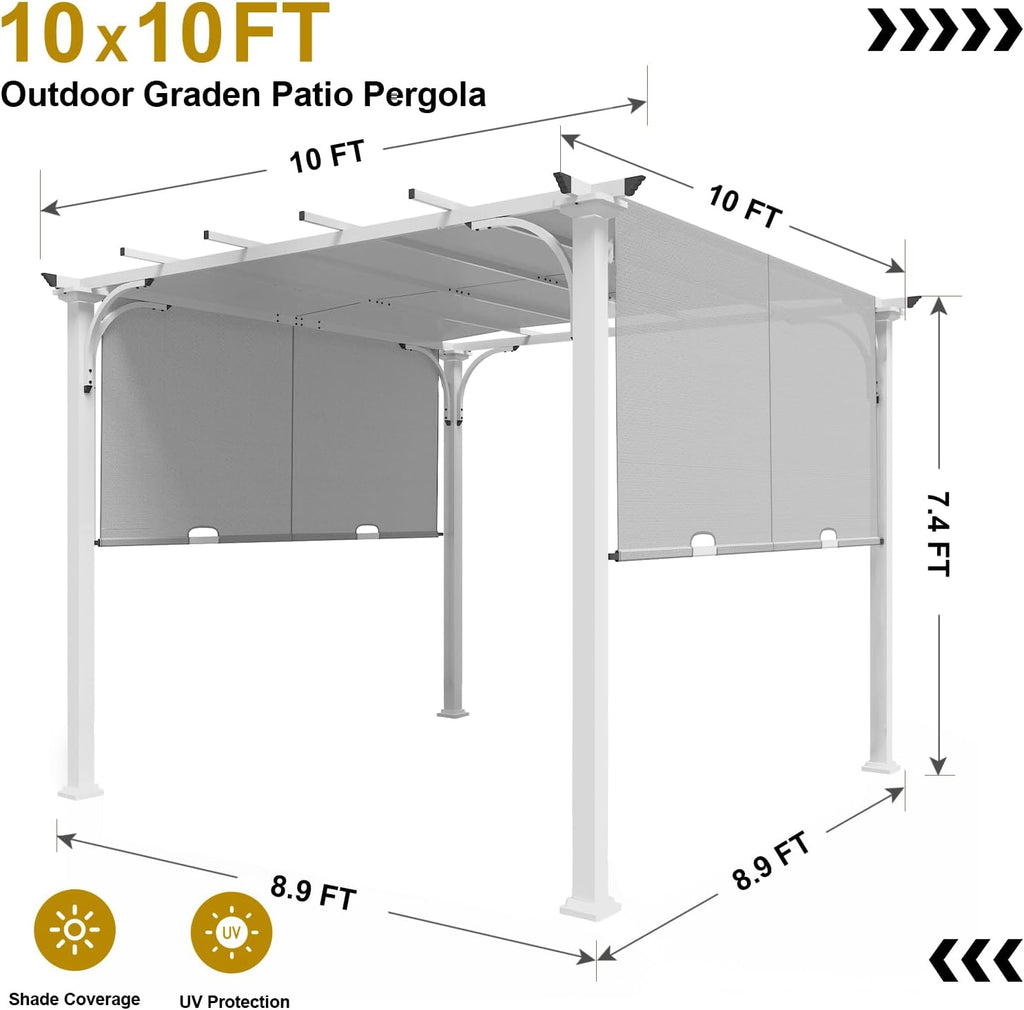 10'x10' Outdoor Pergola Gazebo with Retractable Textilene Canopy Shade, Steel Pergola for Patio, Backyard, Garden and Lawn, Gray