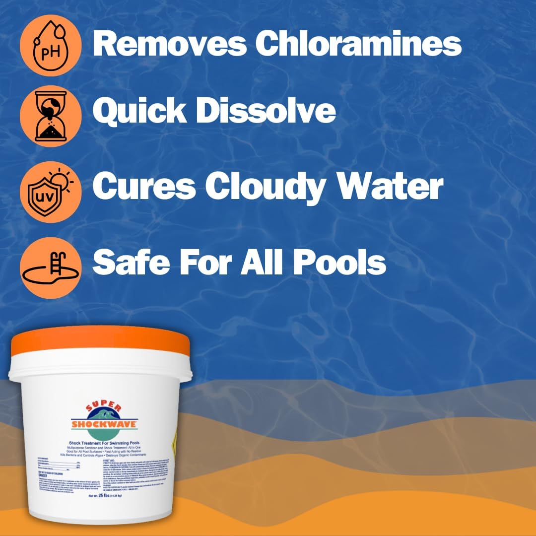 Super Shockwave Pool Shock – 73% Cal-Hypo Granular Sanitizer for Crystal Clear Water – Defends Against Bacteria, Algae, and Microorganisms - 25 Pounds