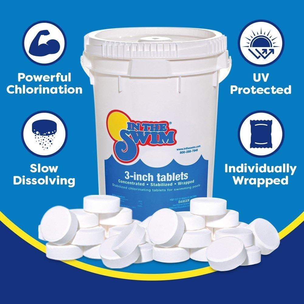 In The Swim Chlorine and Shock Bundle for Sanitizing Swimming Pools – Includes 50 Pound Bucket of 3 Inch Stabilized Chlorine Tablets and 25 Pound Bucket of 68% Cal-Hypo Pool Shock