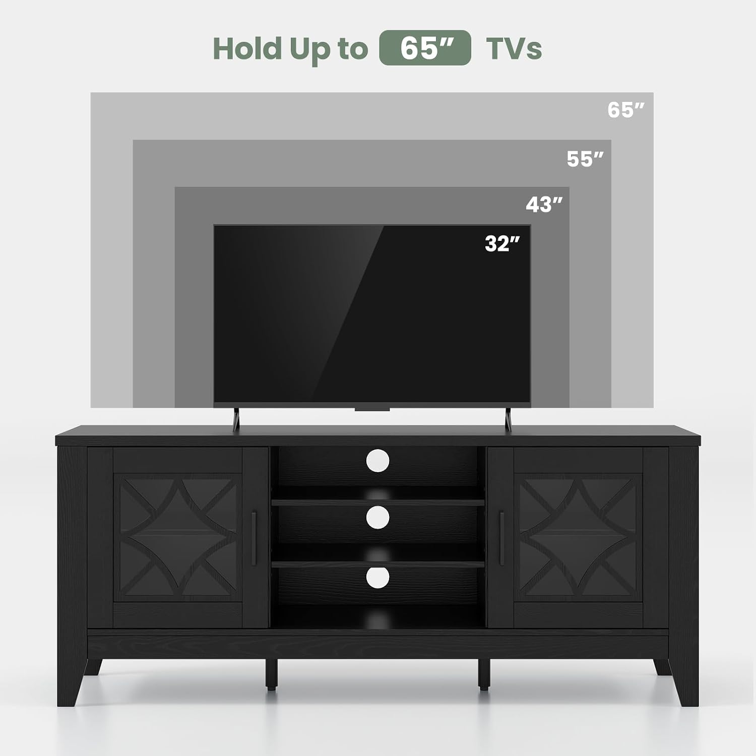 Tangkula Farmhouse TV Stand for TVs Up to 65-in, Classic Media Entertainment Center w/Glass Door Cabinets & 4 Adjustable Shelves, Modern TV Console Table w/ 3 Cable Holes for Living Room (Black)