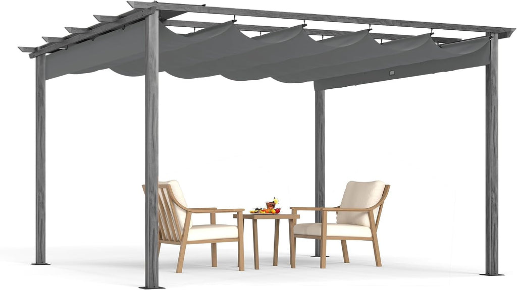 HAPPATIO 12' X 12' Wood-Grain Retractable Pergola with Sun Shade Canopy, Patio Aluminum Frame Shelter for Backyards, Gardens, Porch, Includes Ground Studs and Expansion Screws (Grey)