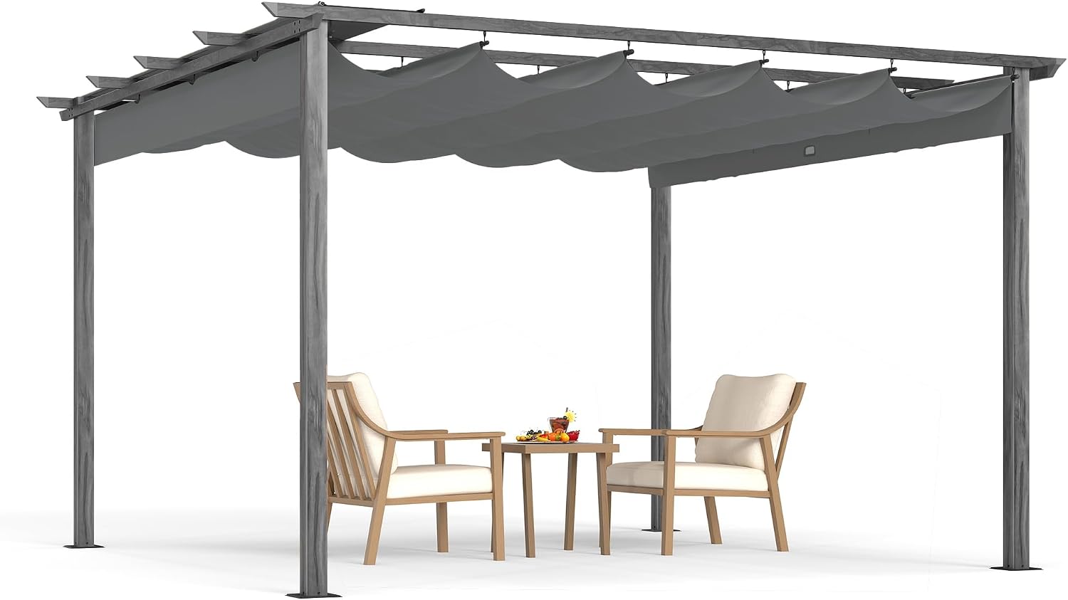 HAPPATIO 12' X 12' Wood-Grain Retractable Pergola with Sun Shade Canopy, Patio Aluminum Frame Shelter for Backyards, Gardens, Porch, Includes Ground Studs and Expansion Screws (Grey)