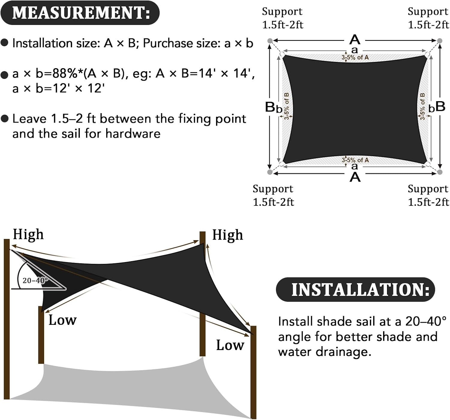 Shade&Beyond Custom 07'x13' Sun Shade Sail Canopy Rectangle UV Block Breathable Curved Sunshade for Backyard Yard Deck Outdoor Facility and Activities, Black (We Make Custom Size)