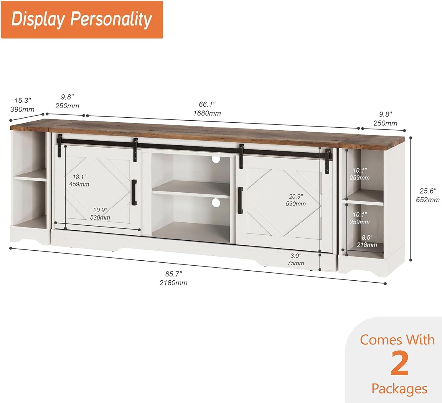 WAMPAT 3-in-1 Modern Farmhouse TV Stand for up to 95' TV, 25.6' H Wood Entertainment Center with Sliding Barn Door and Adjustable Media Storage Shelf for Living Room, Antique White