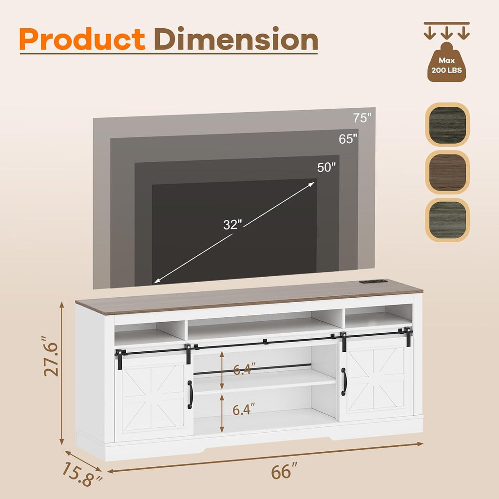 IDEALHOUSE Farmhouse TV Stand for 75 Inch TV, Entertainment Center with Storage Cabinets and Sliding Barn Doors, Media TV Console Table for Living Room Bedroom (27.6' H White)