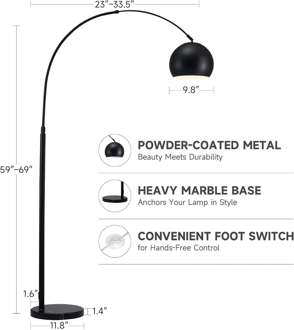 CO-Z Modern Arc Floor Lamp 69', Arch Floor Lamps with LED Bulb, Inner White Metal Shade and Marble Base, Contemporary Standing Light for Living Room Couch Sofa