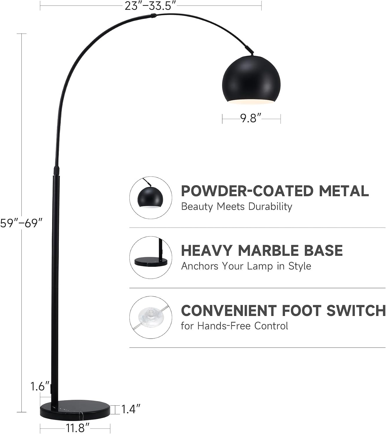 CO-Z Modern Arc Floor Lamp 69', Arch Floor Lamps with LED Bulb, Inner White Metal Shade and Marble Base, Contemporary Standing Light for Living Room Couch Sofa