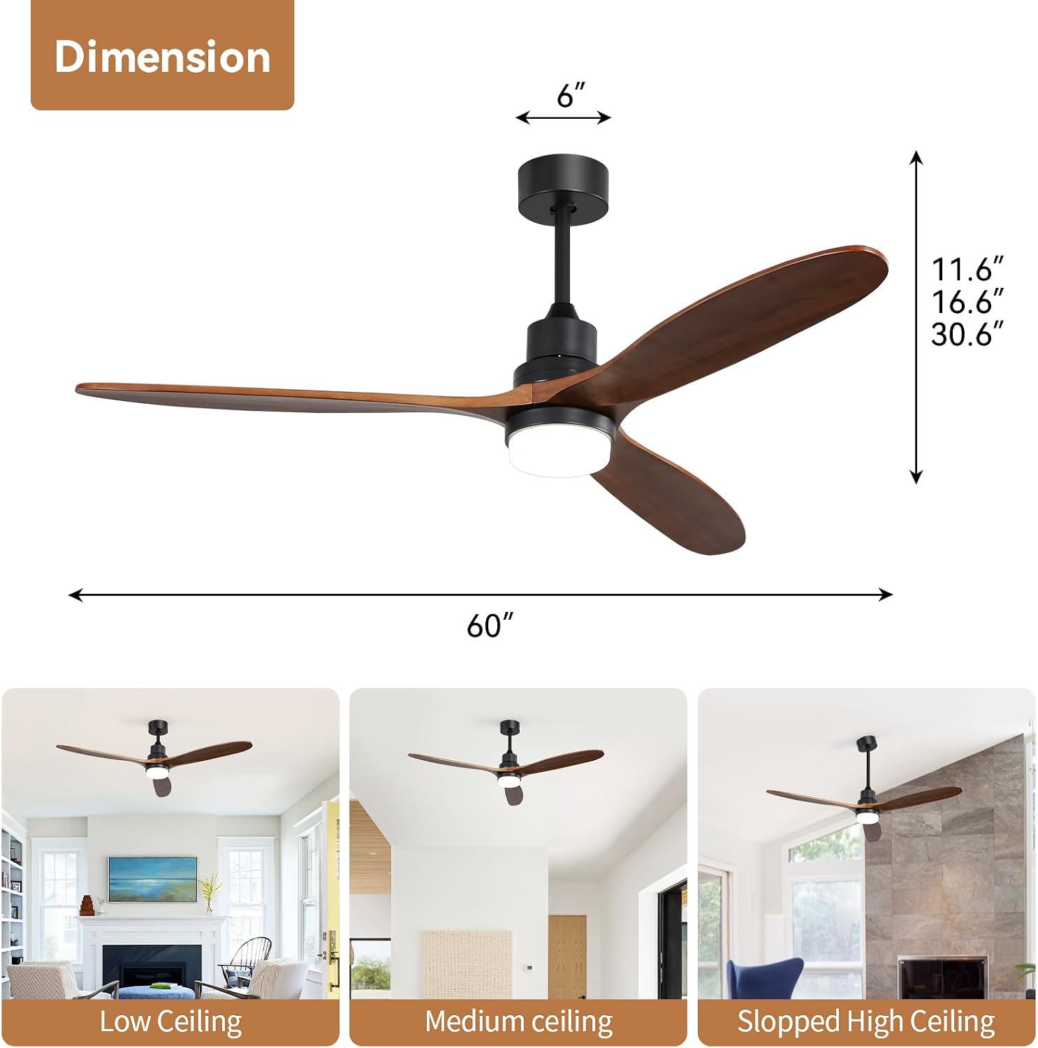 CACI Mall 60 Inch Solid Wood Ceiling Fan with Light, Outdoor for Covered Patios, Remote Control, 3 Walnut Blades, Dimmable, Noiseless, for Living Room, Gazebo, Farmhouse