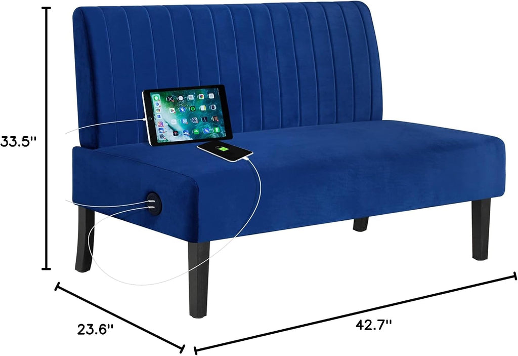 STHOUYN Mini Comfy Couch Armless Loveseat Sofa with USB Port, Velvet Couches for Small Spaces Living Room, Apartment Office Dorm (Navy Blue)